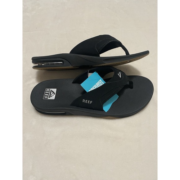 REEF FANNING MEN'S Flip Flop Sandal Color Black/Silver Bottle Opener Size 12 NEW - Picture 1 of 6
